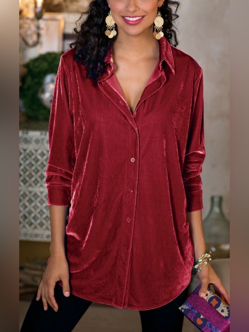 Soft Surroundings Velvet Boyfriend Tunic Shirt Red Size L